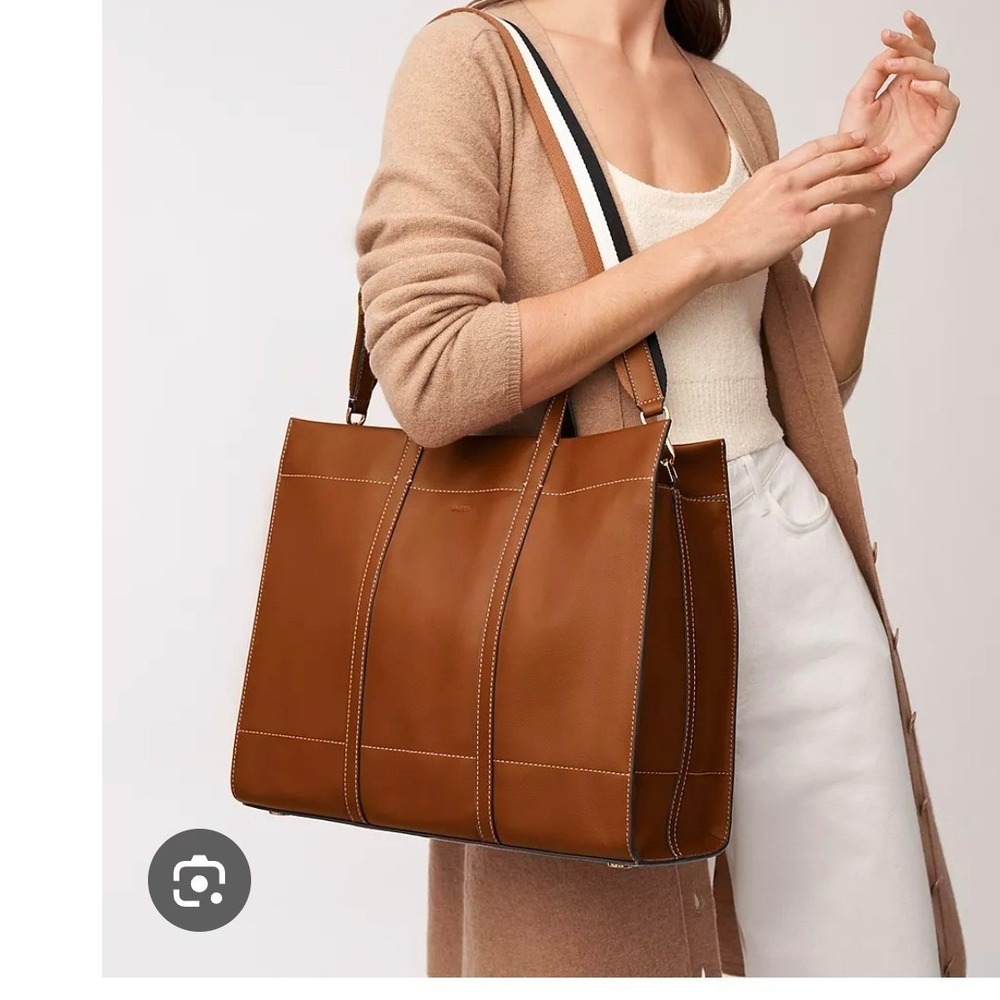 Fossil Brown Leather Tote with Striped Shoulder Strap - Picture 2 of 12